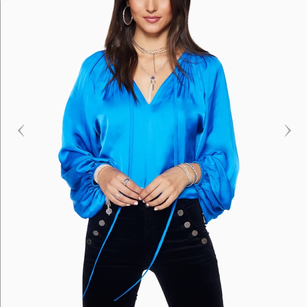 NWT Ramy Brook Paris Shiny Tie Neck Blouse  Blue Lapis M Retail $345